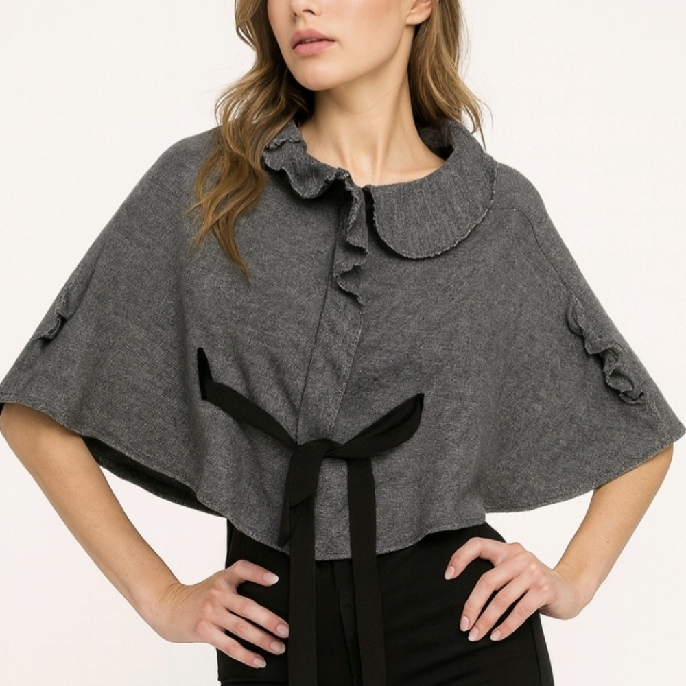 Red Valentino Cape Blue Gray Tweed Ruffle Black Belted Zip Up Size S